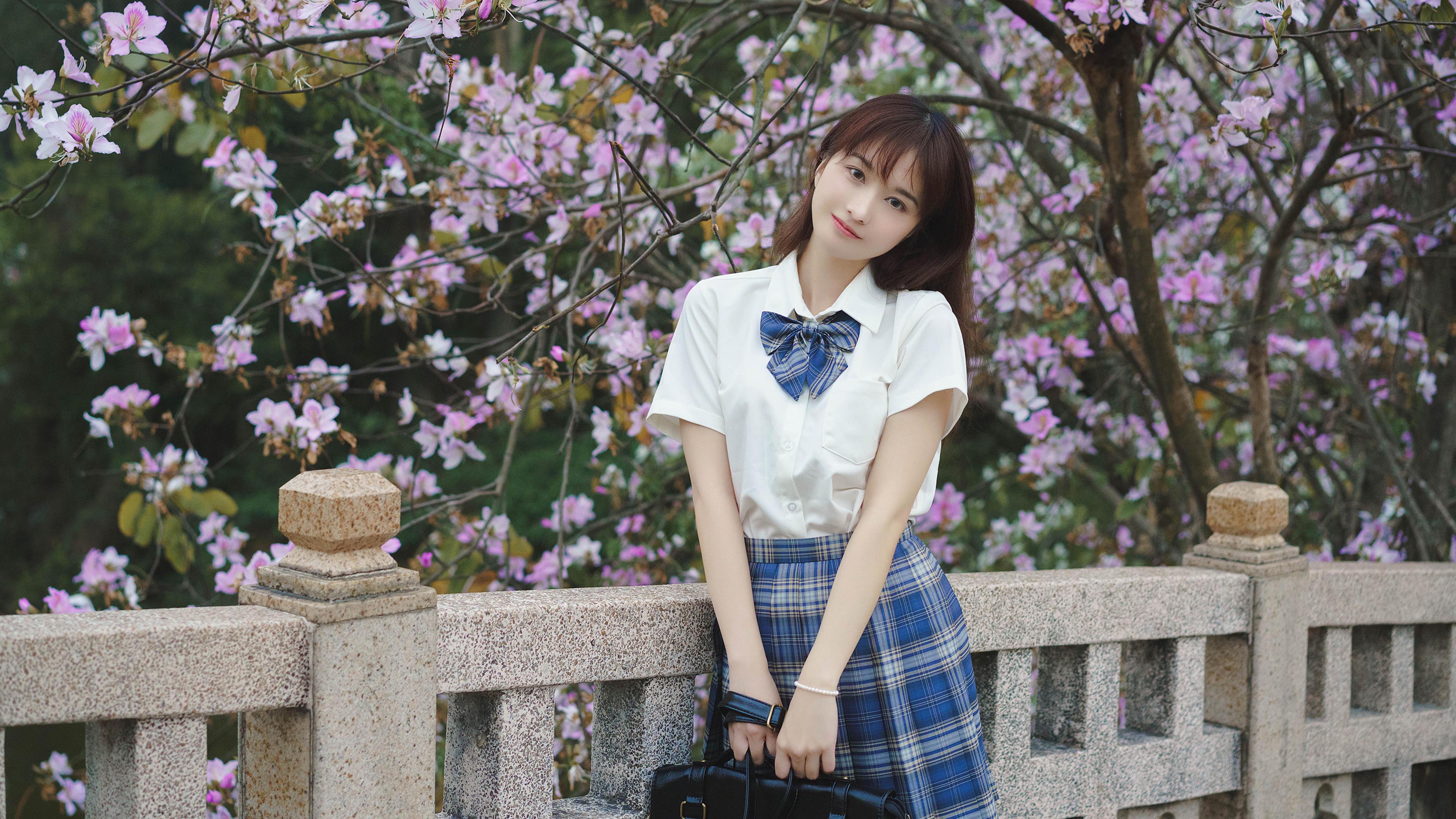 美女模特,清纯,学生,校服,樱花,石桥,制服