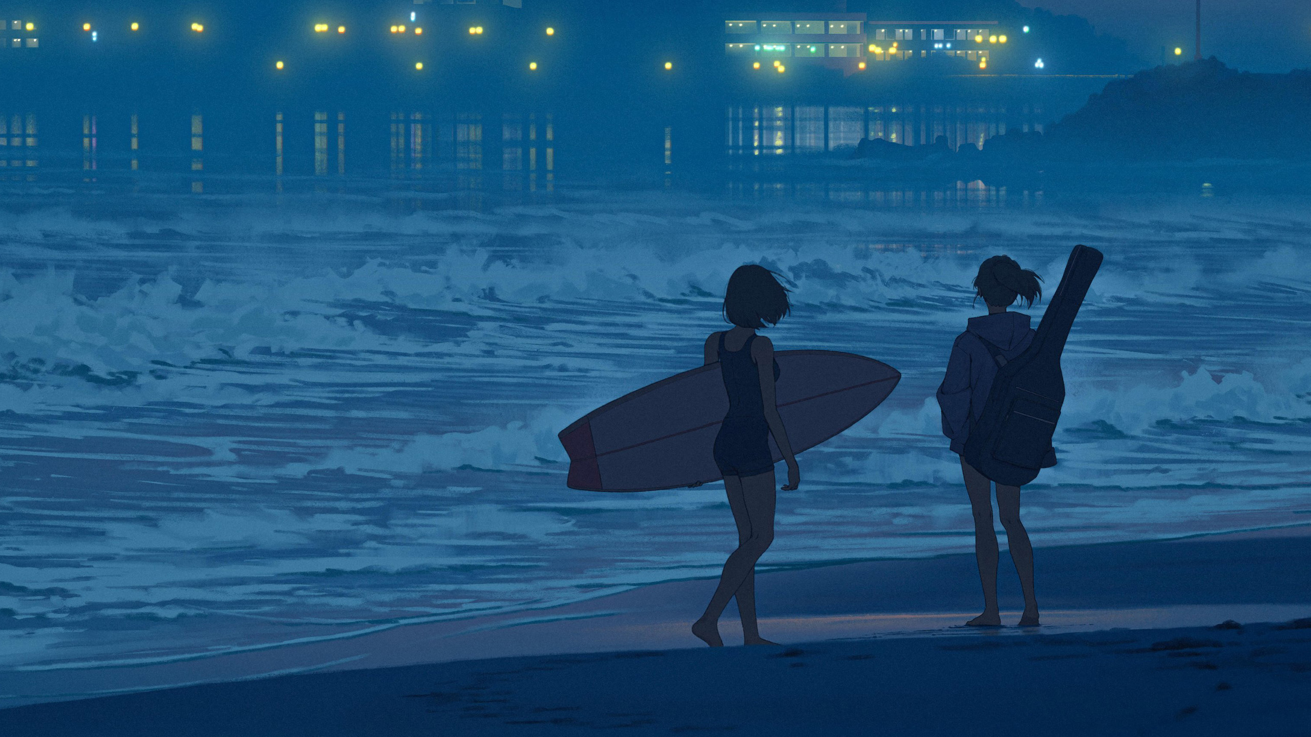 动漫卡通,傍晚,海边,海浪,两个女孩,冲浪板,吉他